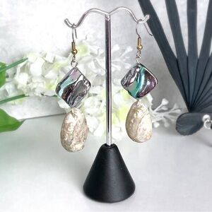 Iridescent Shell & Faux Pearl Dangles Shiny Ocean Seashells Classy Handcrafted